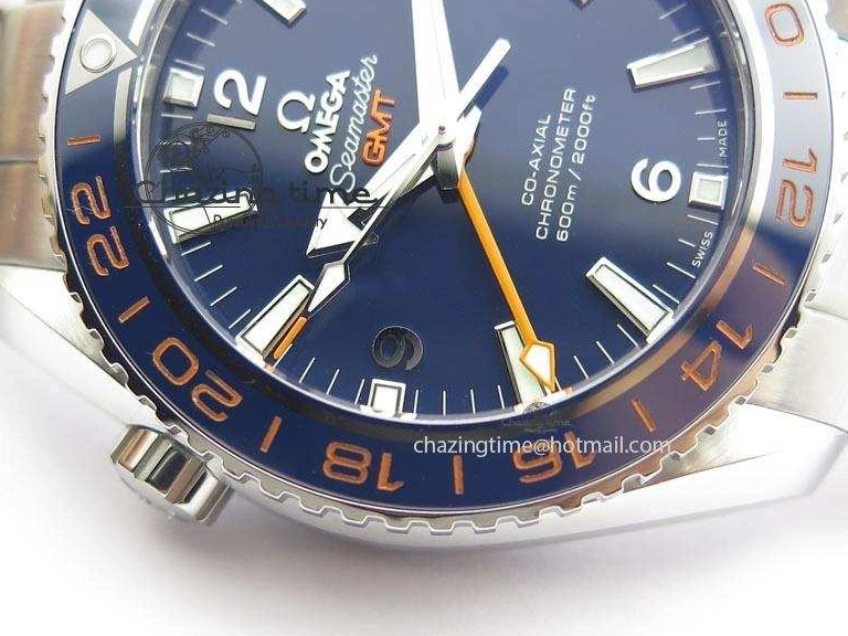 0220 Planet Ocean GMT 43.5mm V6F Goodplanet Orange Marker Blue Dial On SS Bracelet A ModernLook 8215